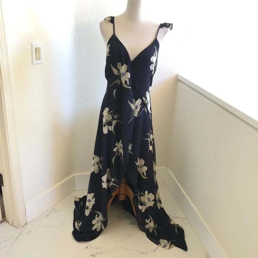 Lulus All Mine Navy Blue Floral Print High-Low Wrap Dress size M bridesmaid - Picture 10 of 13